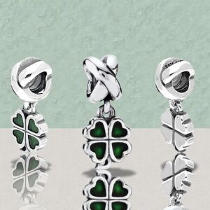 Pandora Sterling Silver Dark Green Enamel Four-Leaf Clover Dangle Charm